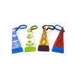 Cuatro sujetapuertas decorativos de madera pintados a mano con diseños artesanales en colores azul, verde, amarillo y rojo