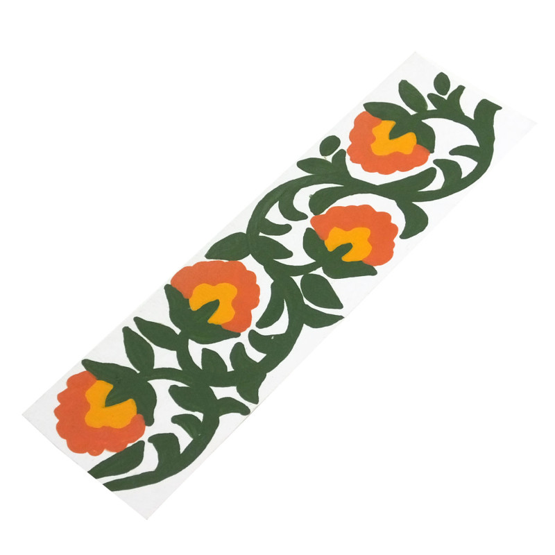 Marcapáginas de papel reciclado con diseño botánico de flores naranjas y amarillas entre hojas y tallos verdes