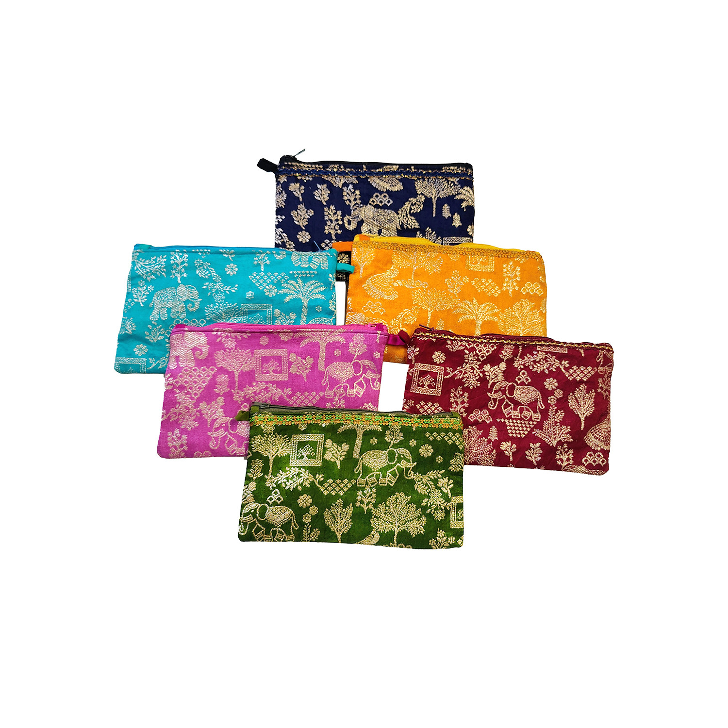 Monedero Sari artesanal con bordados de elefantes en varios colores elaborado por mujeres artesanas de India