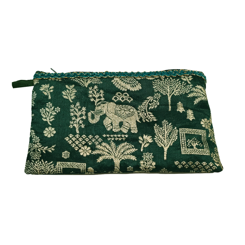 Monedero Sari verde con elefantes bordados y cierre de cremallera elaborado artesanalmente en India