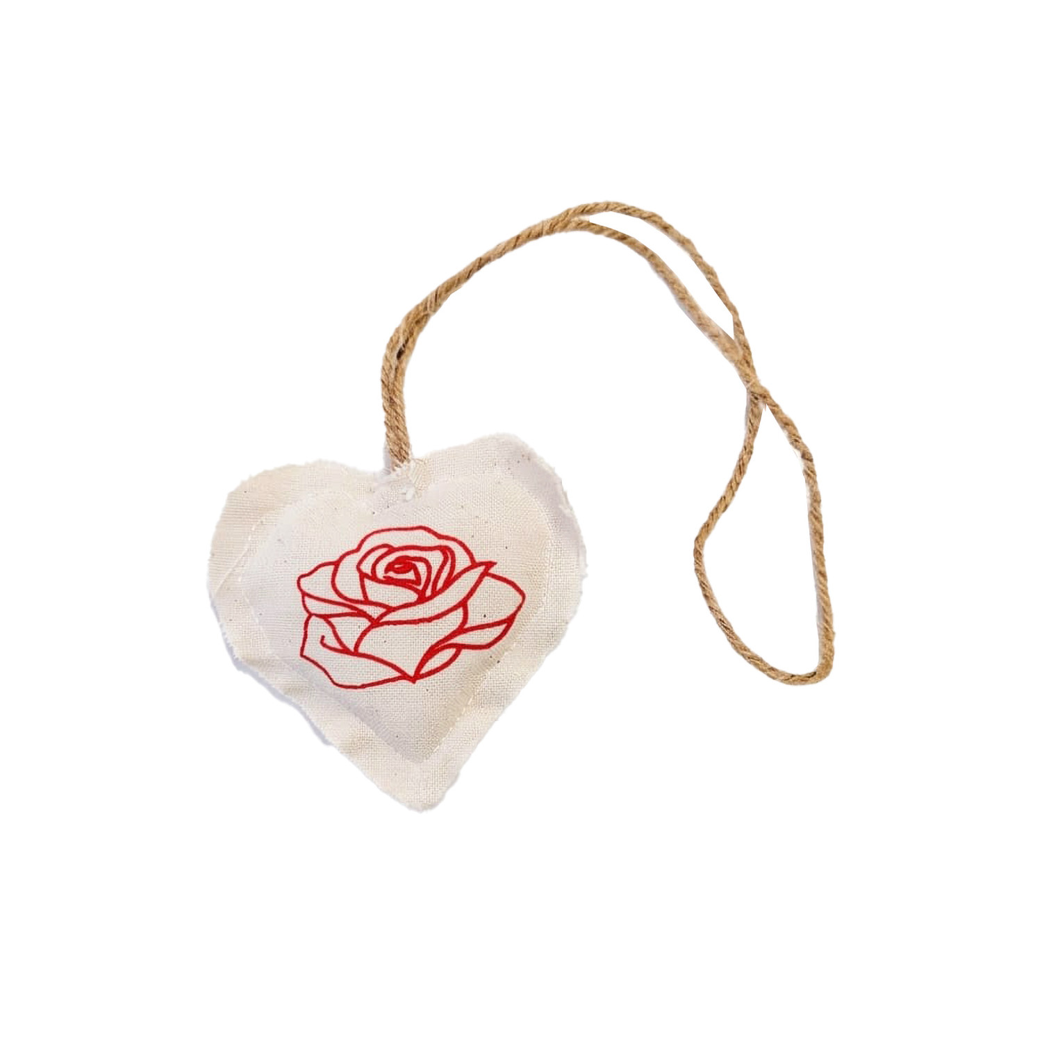 Colgante decorativo de tela con forma de corazón y dibujo de rosa roja, con cordón para colgar