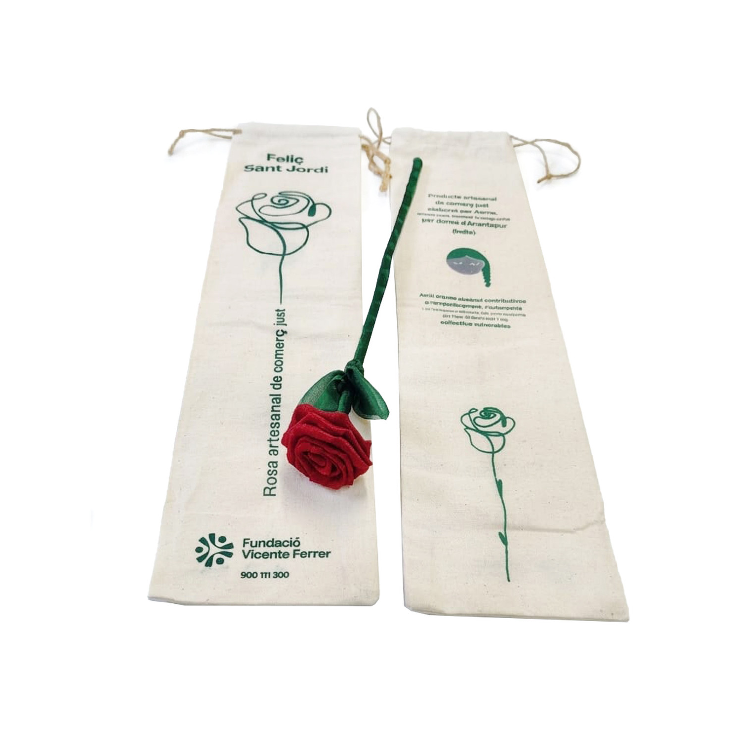 Bolsa de algodón reutilizable con cierre de cordón, ilustraciones de rosas verdes impresas y rosa artesanal