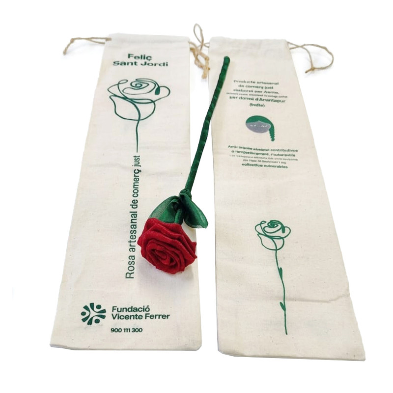 Bolsa de algodón reutilizable con cierre de cordón, ilustraciones de rosas verdes impresas y rosa artesanal